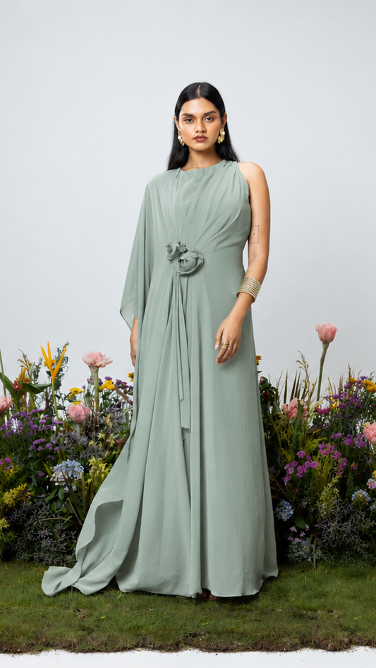 Rose Drape Dress in Sage